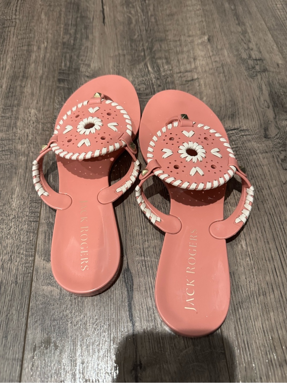 Jack Rogers Coral Pink Leather Thong Sandals with White Stitching